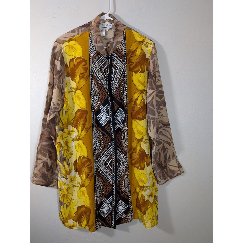 Diane Gilman Blouse Top Tunic 100% Silk Brown Yellows Beaded Large New